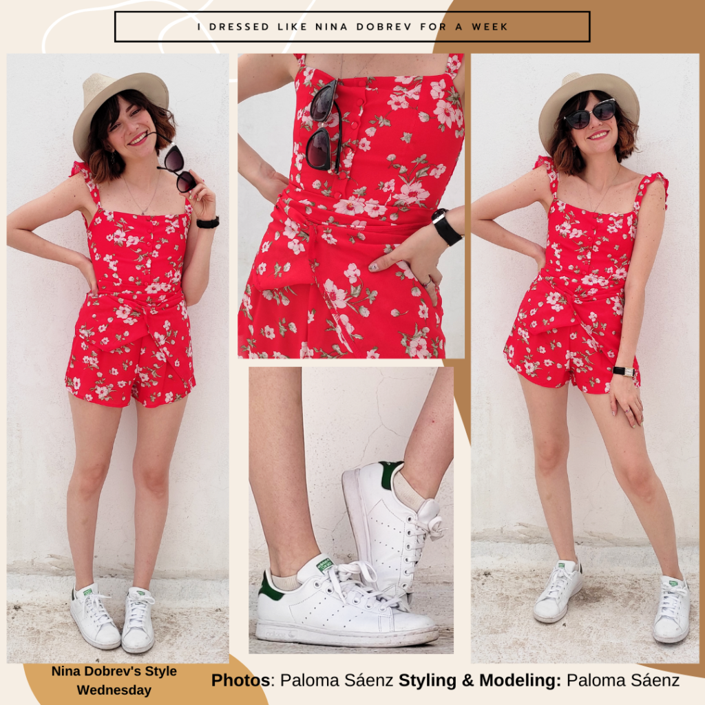 Romper outfit inspired by Nina Dobrev's style with red romper, white sneakers, black watch, boater hat, sunglasses