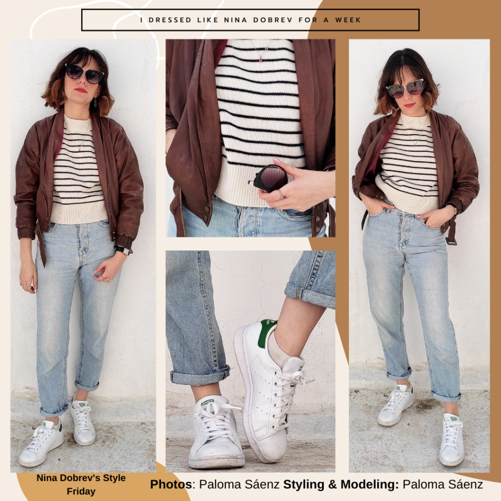 Outfit inspired by Nina Dobrev's style -- striped sweater, brown bomber jacket, mom jeans, white Adidas sneakers