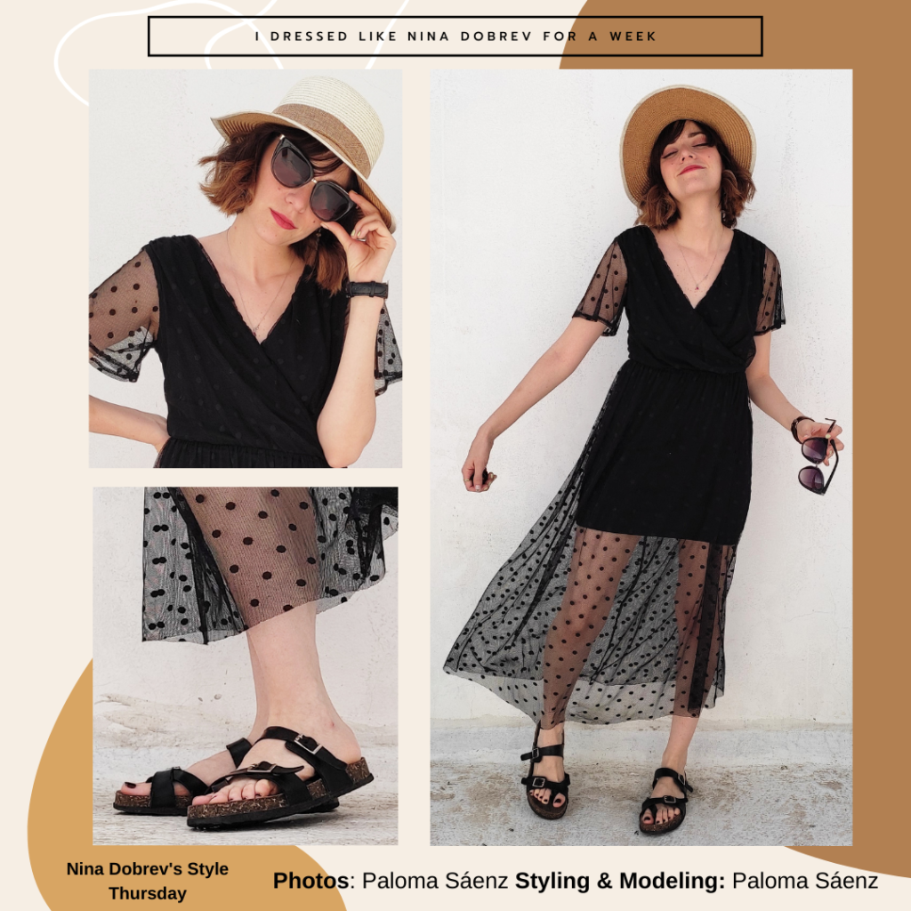 Outfit inspired by Nina Dobrev -- black polka dot dress, boater hat, sunglasses, footbed sandals