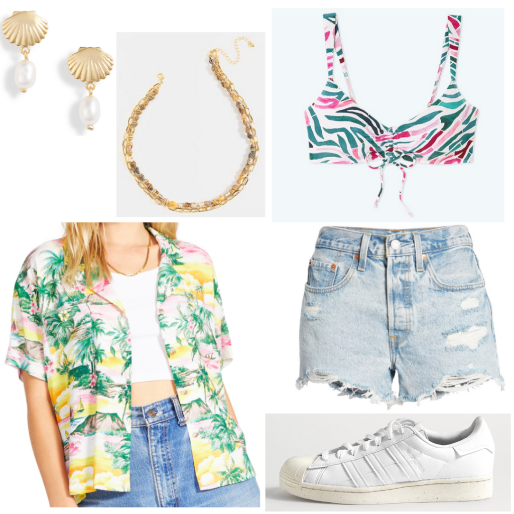 Outfit inspired by Sarah Cameron's style from Season 2 of Outer Banks: Green and yellow and pink button-down camp shirt, ripped jean shorts, white adidas sneakers, gold necklace and earrings, pink and green bikini