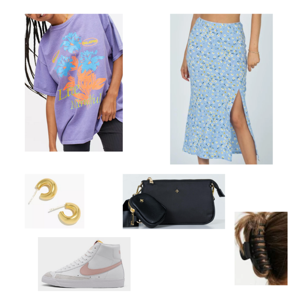 Outfit 8 - Inspired by Atlanta: oversize purple graphic tee. print daisy blue and white midi skirt with slit, high top white sneakers, hair clip 