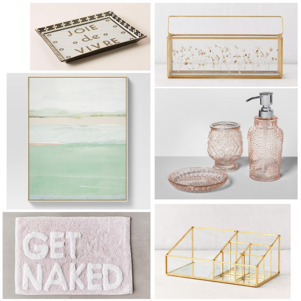 First Apartment Decor Ideas: Bathroom - Joie de Vivre mosaic tray ring dish, vanity organizer, sea green wall art, pink soap dispenser bathroom set, gold and glass makeup organizer, fluffy Get Naked bath mat