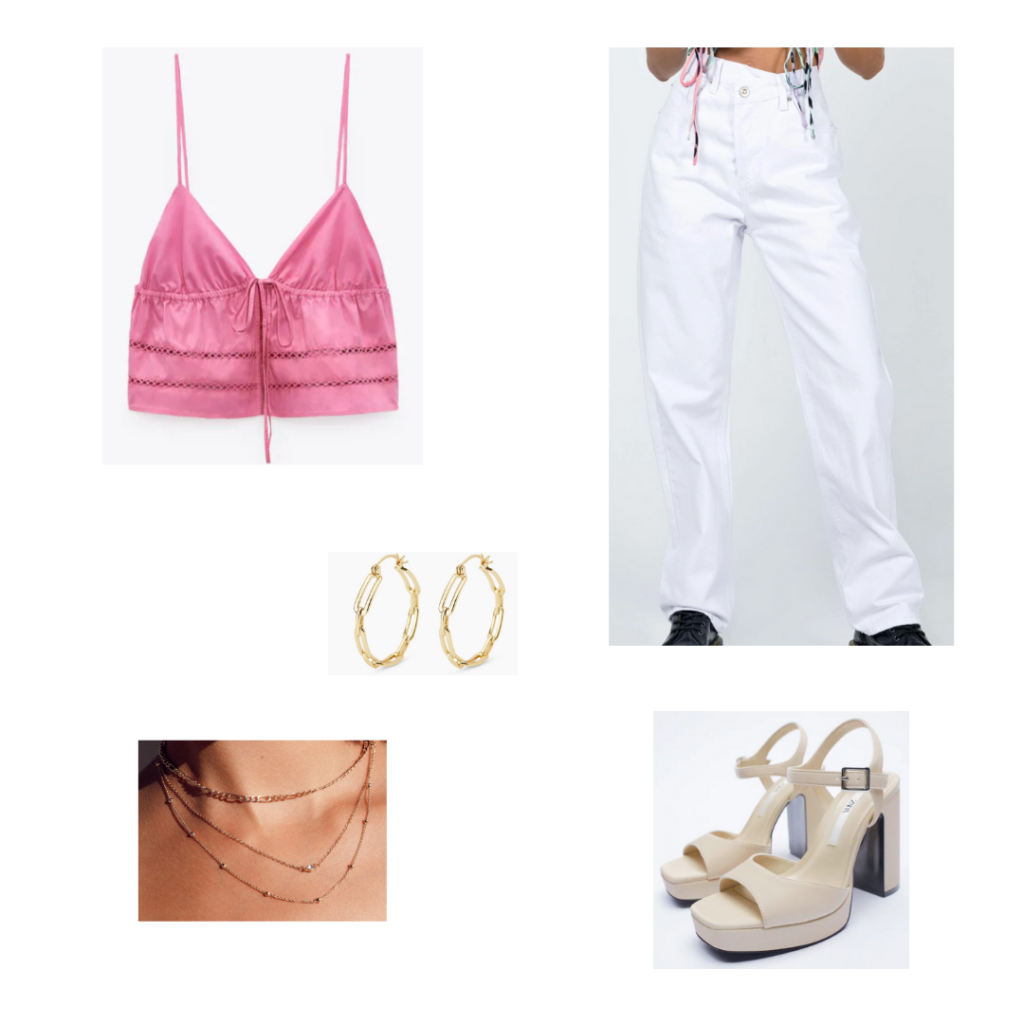 City Girl Outfits 5 - Inspired by Boston: pink crop bra top, oversized white high waisted jeans. gold chain hoop earrings, beige platform sandals, layered necklace