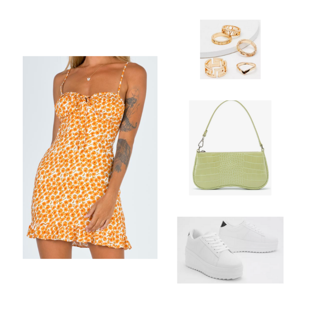 Outfit 10 - Inspired by Charleston: orange and white sweetheart dress, green crocodile bag, gold jewelry, white platform shoes