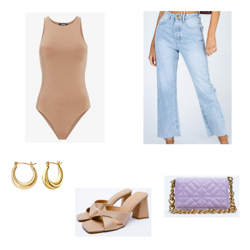 City Girl Outfit 1 - Inspired by Chicago: tan bodysuit, light wash denim jeans, nude chunky heeled square toe sandals, lavender bag with chain strap, gold chunky hoop earrings