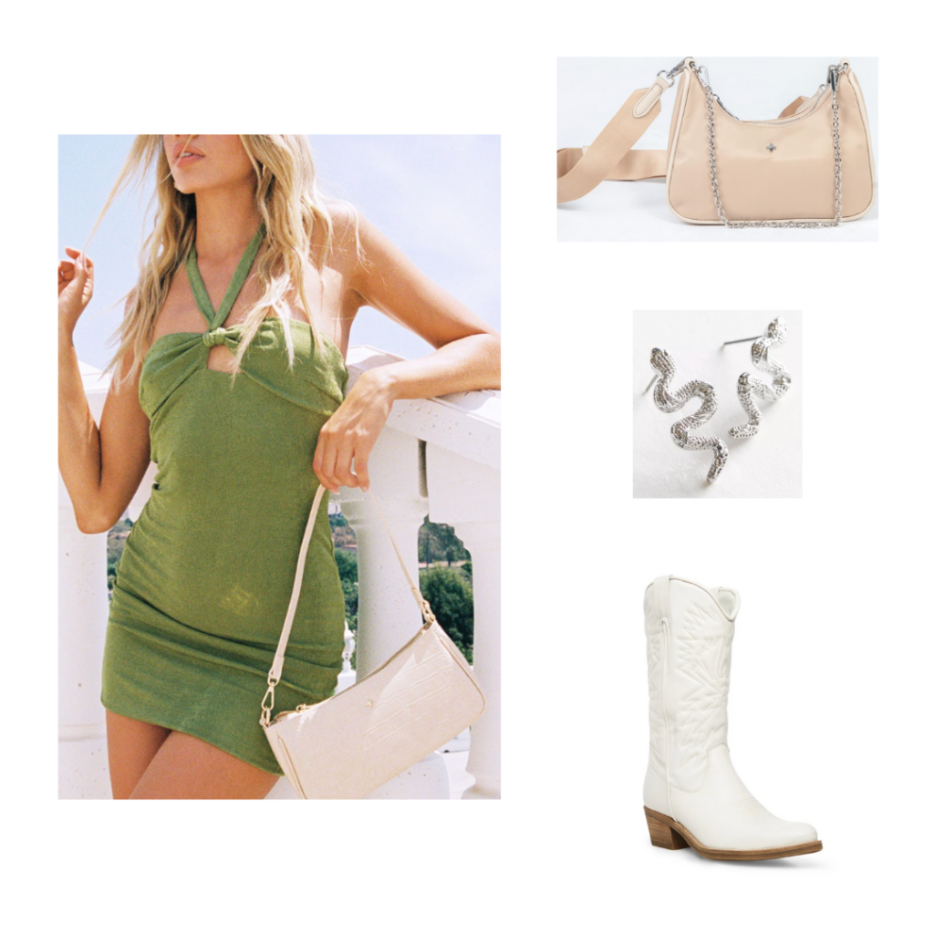 Outfit 4 - Inspired by Dallas: Green halterneck mini dress, white cowboy boots, beige shoulder bag. silver snake earrings 