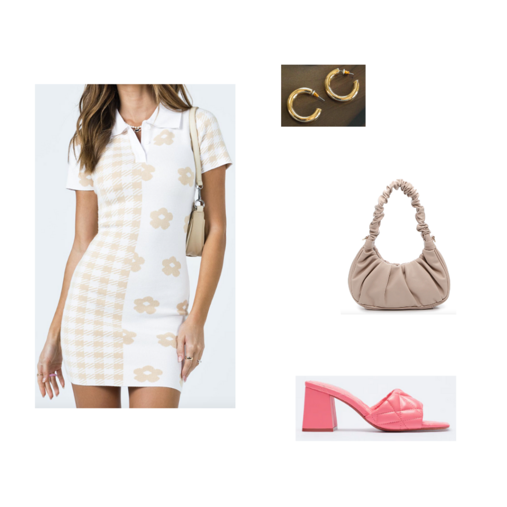 Outfit 6 - Inspired by Washington DC: white and beige print dress with collar, chunky ruffled mini bag, pink platform chunky heels