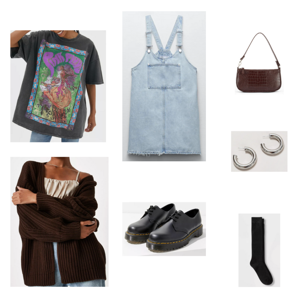 90s fall trend outfit: Oversized tee shirt, cozy cardigan, overall dress, mini purse, small hoop earrings, chunky loafers, socks