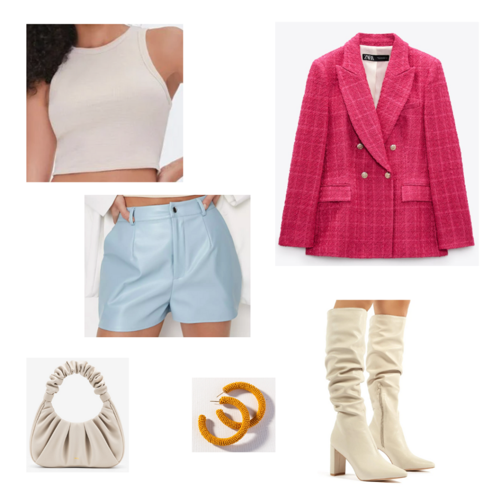 Vibrant colors outfit for fall with light blue leather shorts, beige tank, bright pink blazer, beige boots and mini purse, orange earrings