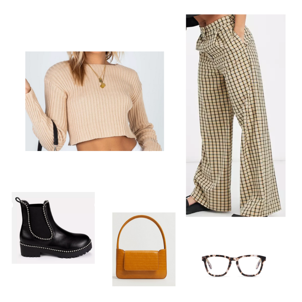 Printed pants outfit for fall with plaid wide leg pants, cropped beige sweater, chunky boots, brown mini bag, blue light glasses