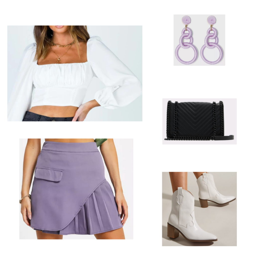 Lavender outfit for fall with lavender mini skirt, white cowboy boots, white cropped puff sleeve top, lavender earrings, black purse