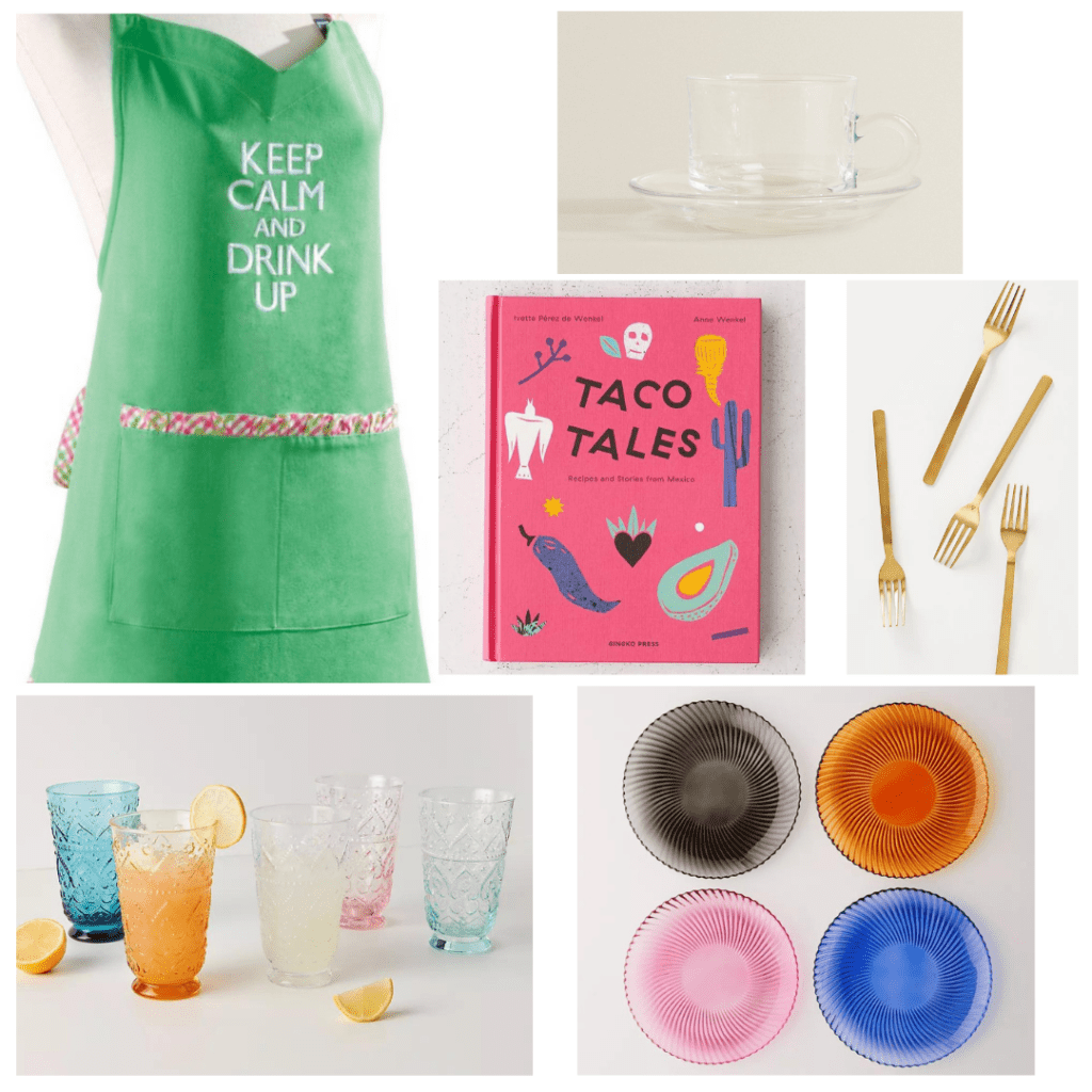 Kitchen Ideas - green Keep Calm and Drink Up apron, taco cookbook, clear glass mug and saucer, gold silverware, colorful water glasses, colorful glass plates