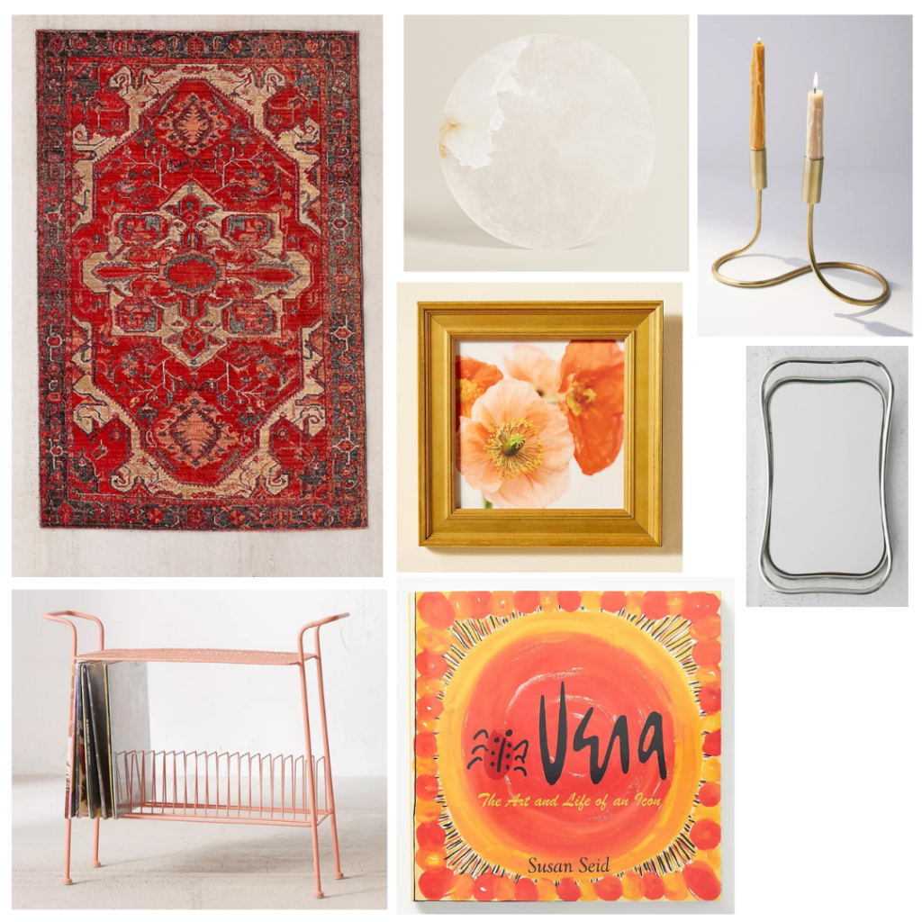 First Apartment Decor: Living Room - red tapestry rug, gold frame, decorative candle holder, silver tray, rosegold record shelf