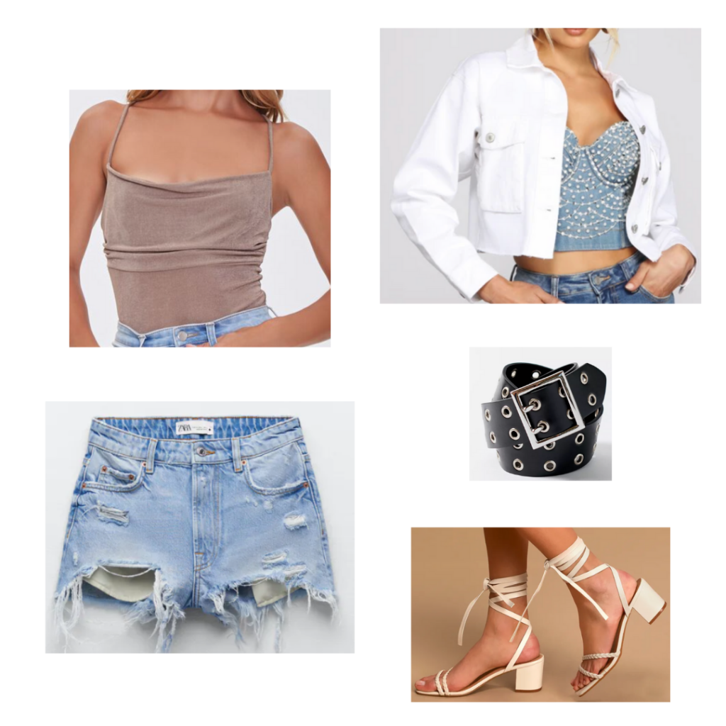 City Girl Outfits 9 - Inspired by Miami: taupe bodysuit, short white denim jacket, distressed denim jeans, black and silver belt, chunky heeled sandals