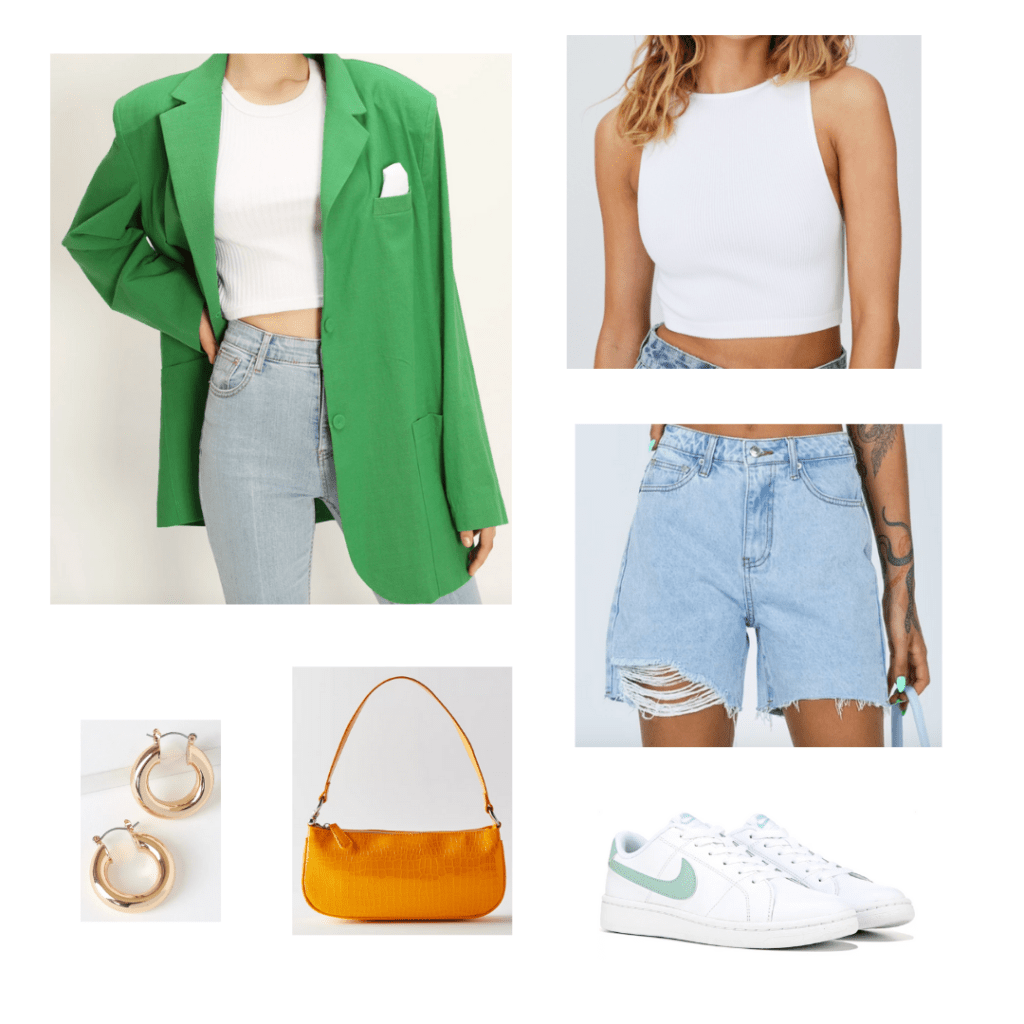 City Girl Outfit 1 - Inspired by New York City: oversized green blazer, white high neck crop tank, distressed mom jean bermuda shorts, orange shoulder bag, white nike sneakers, gold chunky hoop earrings