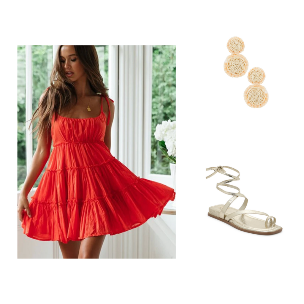 Sorority Rush Outfit for Open House Round - red flowy sundress, gold lace up sandals, nude earrings