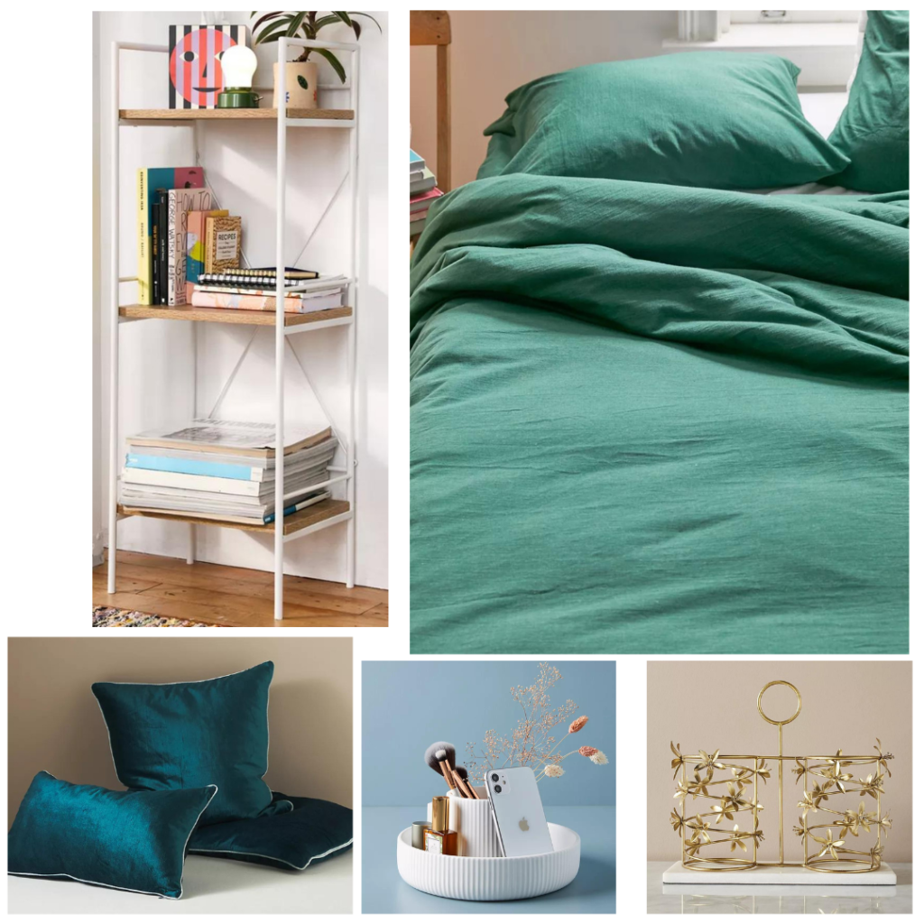 Room decor ideas - white bookshelf with wood shelves, emerald green bedding, blue velvet pillows, white caddy tray, gold wine rack