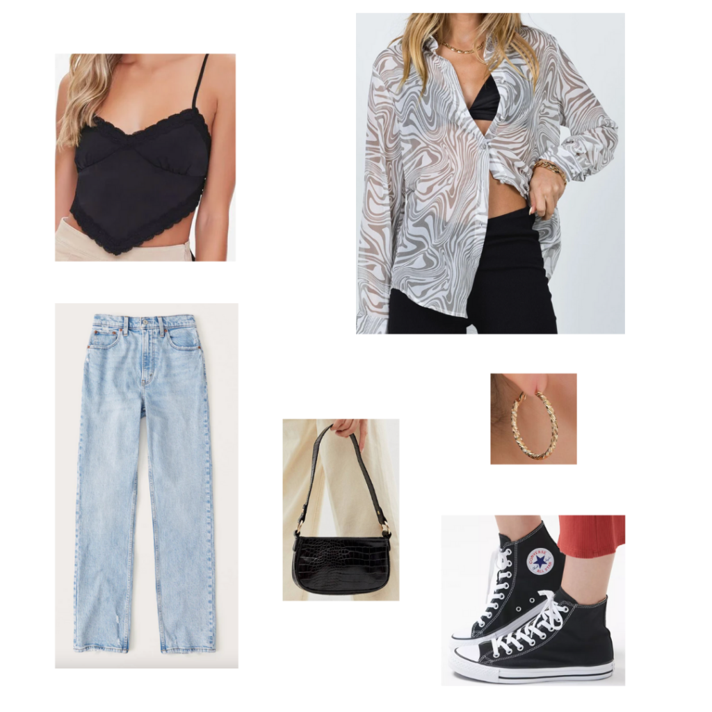 City Girl Outfits 7 - Inspired by Las Vegas: black spaghetti strap cami, sheer white button up top, oversized mom jeans, converse high top sneakers black shoulder bag, gold hoop earrings