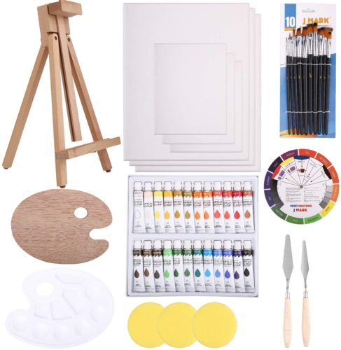 Painting kit with mini easel, palette, paints, brushes, and canvas