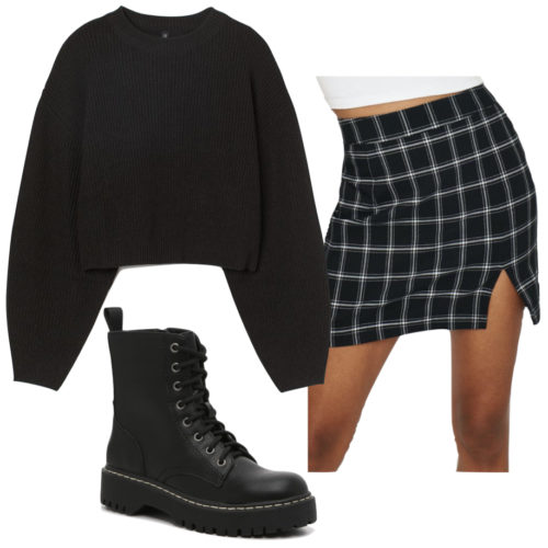 Casual outfit with a skirt: Black and white checkered skirt, oversized black sweater, combat boots