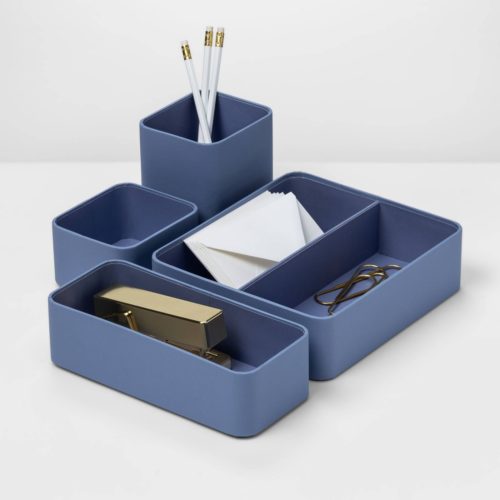 Blue desktop organizer trays