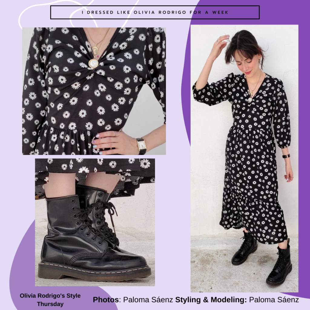 Outfit inspired by Olivia Rodrigo's style with printed long sleeve midi dress, Doc Martens, black watch and long necklace