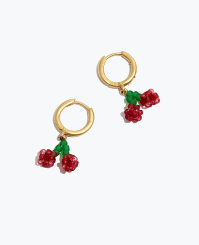 Beaded Cherry Huggie Hoop Earrings