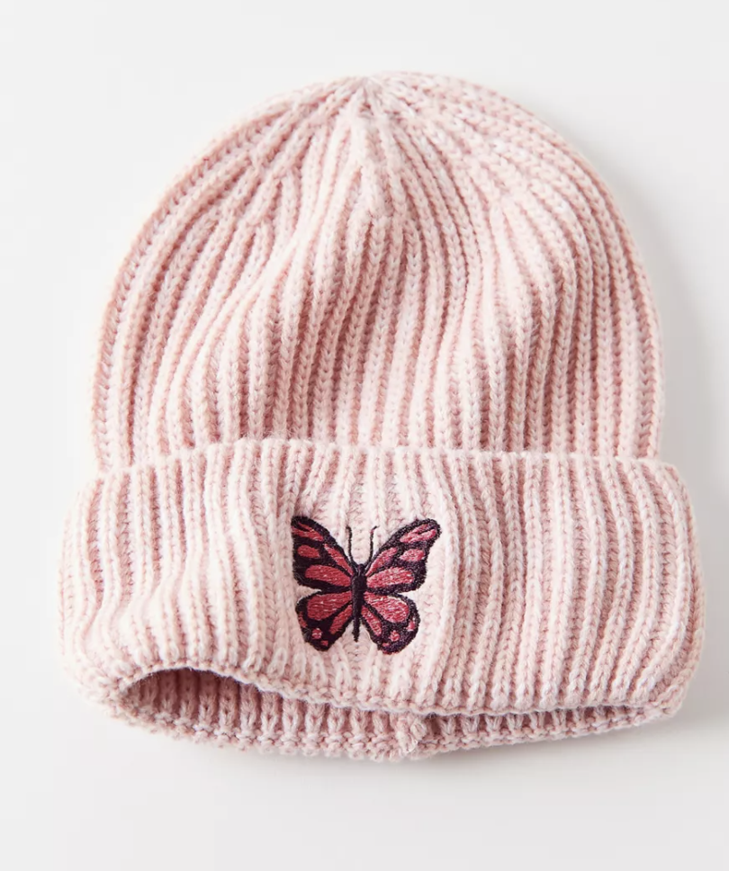 Knit beanie from Urban Outfitters in pink with a butterfly graphic