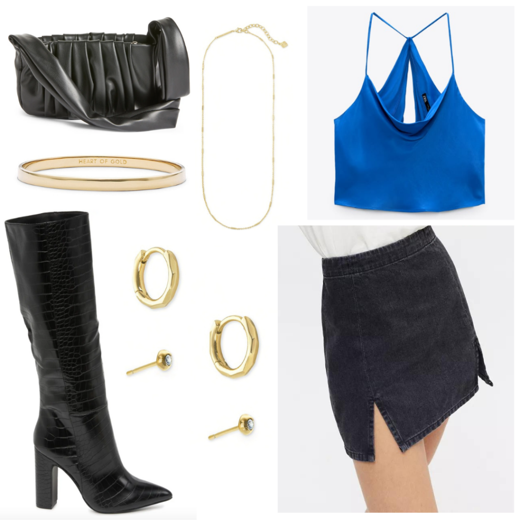 Cute going out bar outfit idea with knee high boots, black mini skirt, gold jewelry, blue satin cami crop top, black purse - dress pants