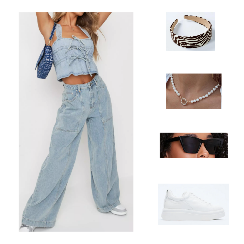 Cute fall outfit with wide leg pants and denim top, pearl choker, zebra headband, platform sneakers, black sunglasses