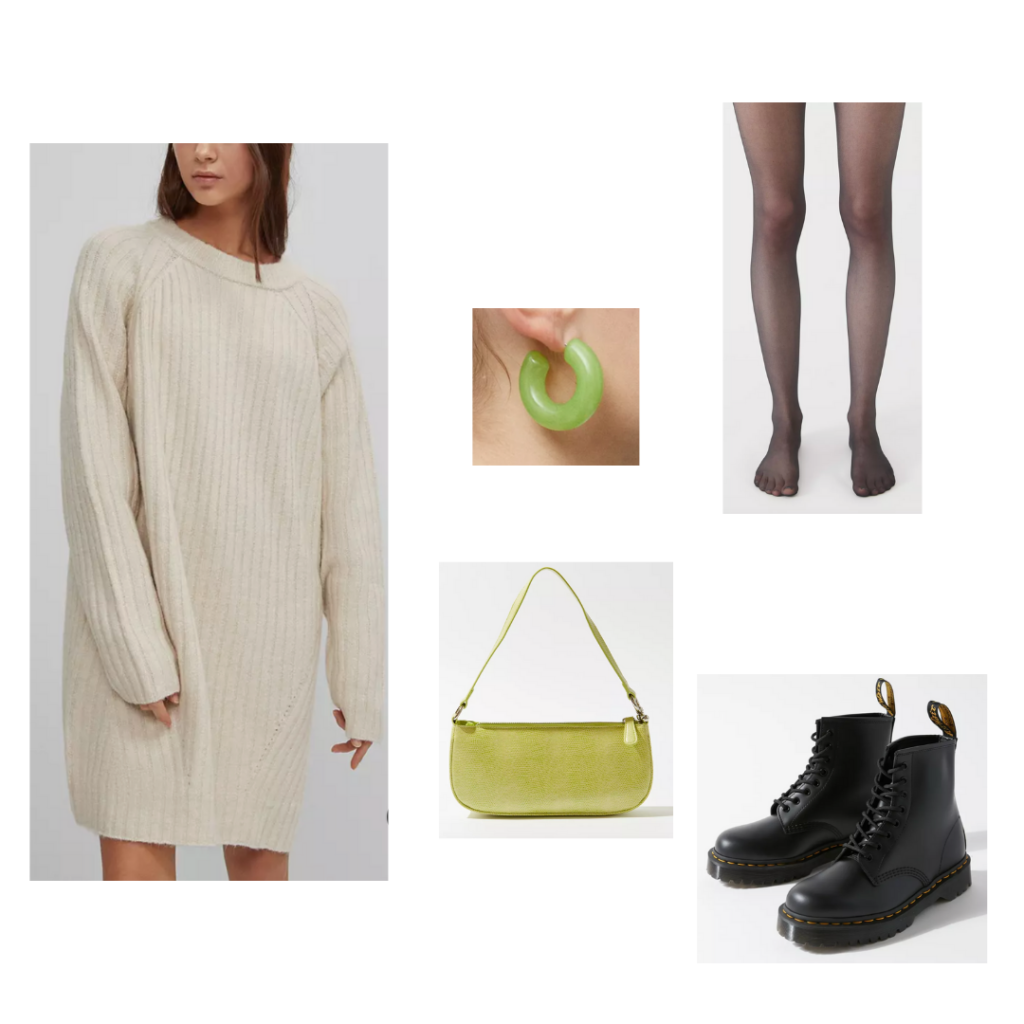 Fall outfit idea: Chunky knit sweater, sheer black tights, green chunky earrings, green mini purse, black combat boots