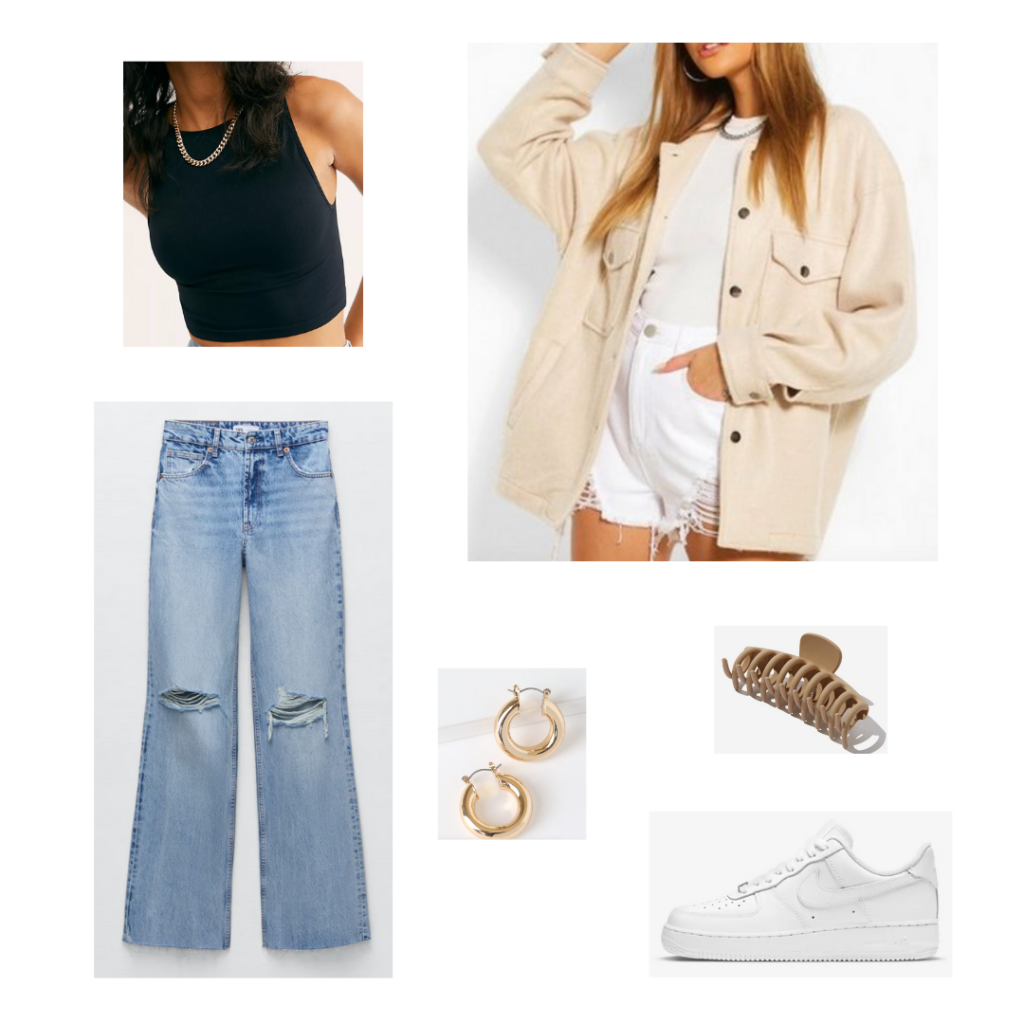 Cute outfits with jeans: Jeans outfit idea with wide leg ripped jeans, black crop tank, oversized beige shacket, gold hoop earrings, Nike Air Force 1s sneakers in white, and a claw clip in tan