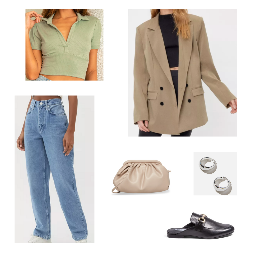 Cute outfit with wide leg jeans, cropped polo neck t-shirt, oversized blazer, backless loafers, croissant bag, and silver hoop earrings