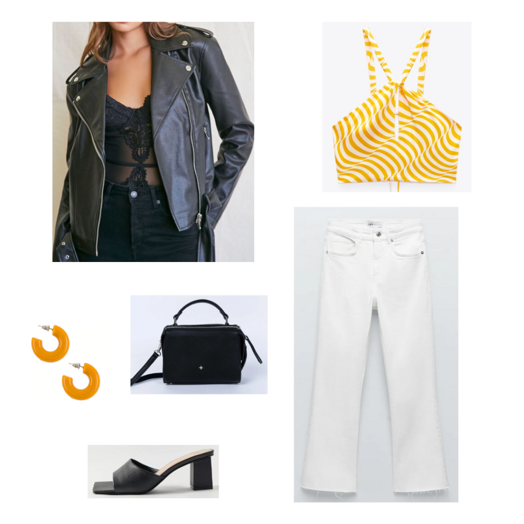 Cute white jeans outfit with ripped hem white jeans, orange and white patterned crop top, oversized leather jacket, black slide heels, black top handle mini bag, chunky orange hoop earrings