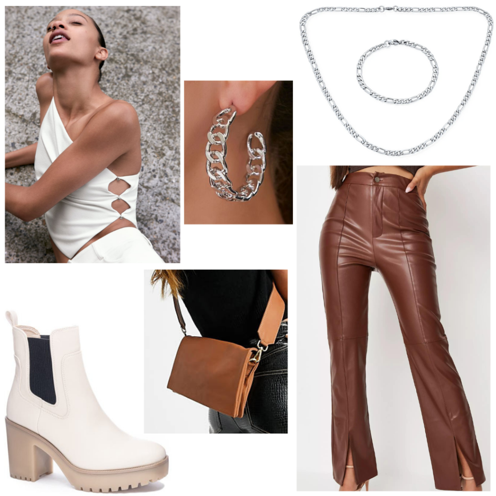 What to wear to a bar: going out casual bar outfit idea with brown leather pants, chunky white boots, white crop top, silver jewelry, crossbody bag - going out outfits, faux leather