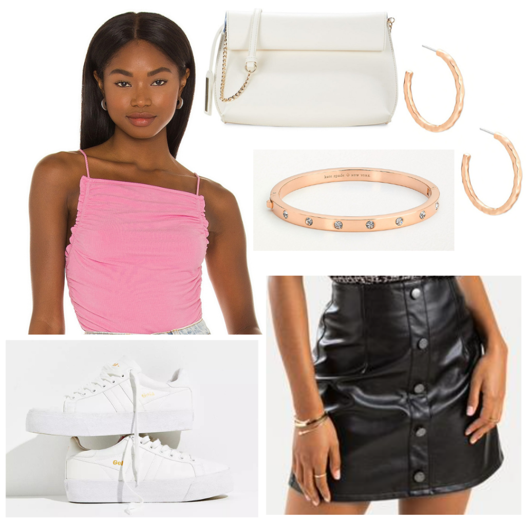 going out cute bar outfit with black leather skirt, pink tank, rose gold jewelry, white bag, white sneakers alternatively with a strappy heels