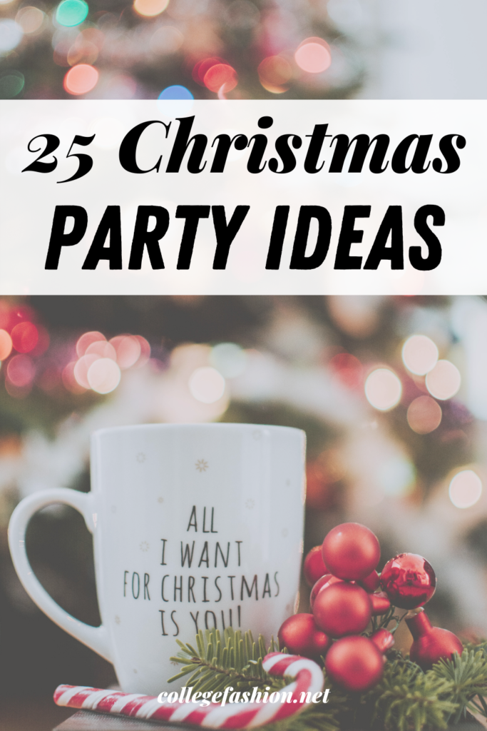 25 Christmas Party Ideas header image - coffee mug surrounded by red ornaments