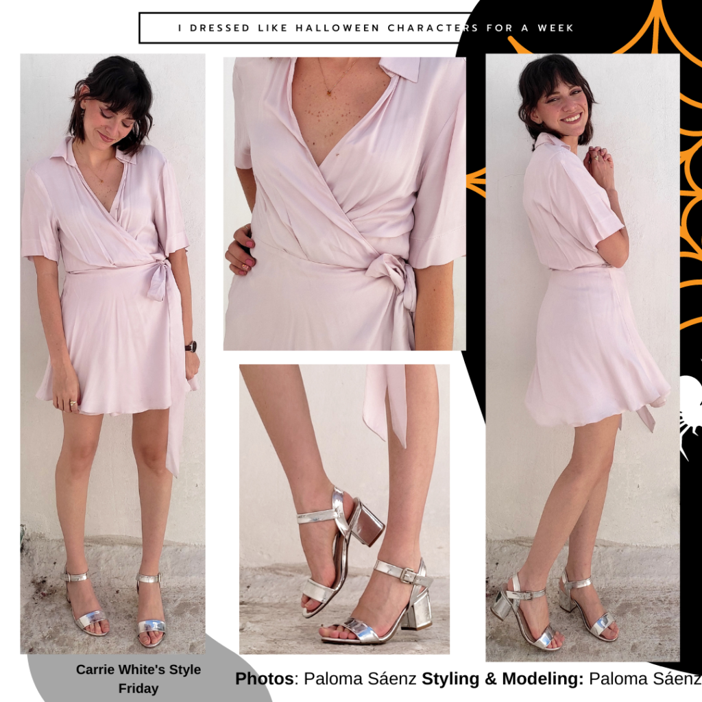 Outfit or movie costume inspired by Carrie – pink wrap dress, silver heels