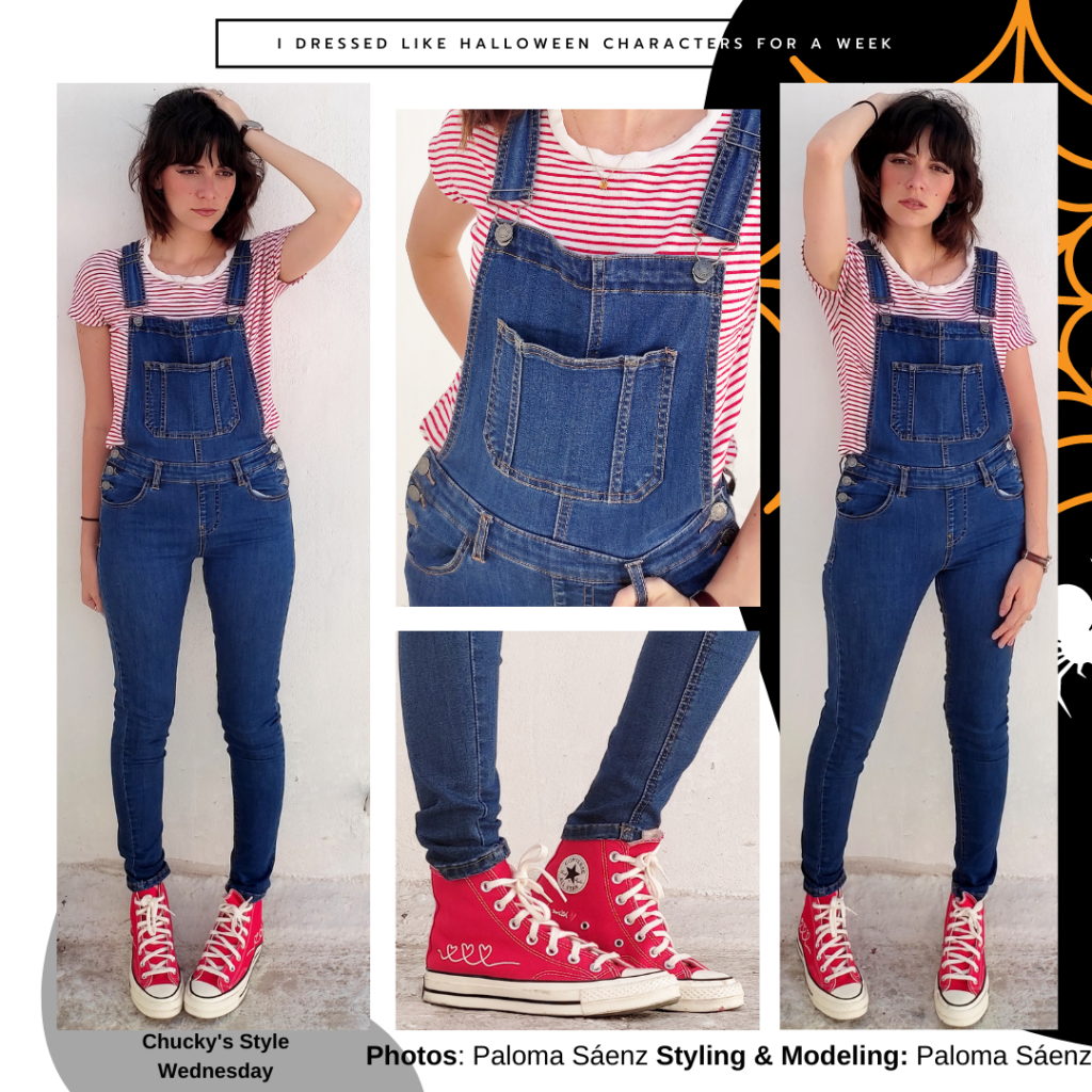 Outfit or costume inspired by Chucky from Child's Play with overalls, red high tops, striped top, and messy hair