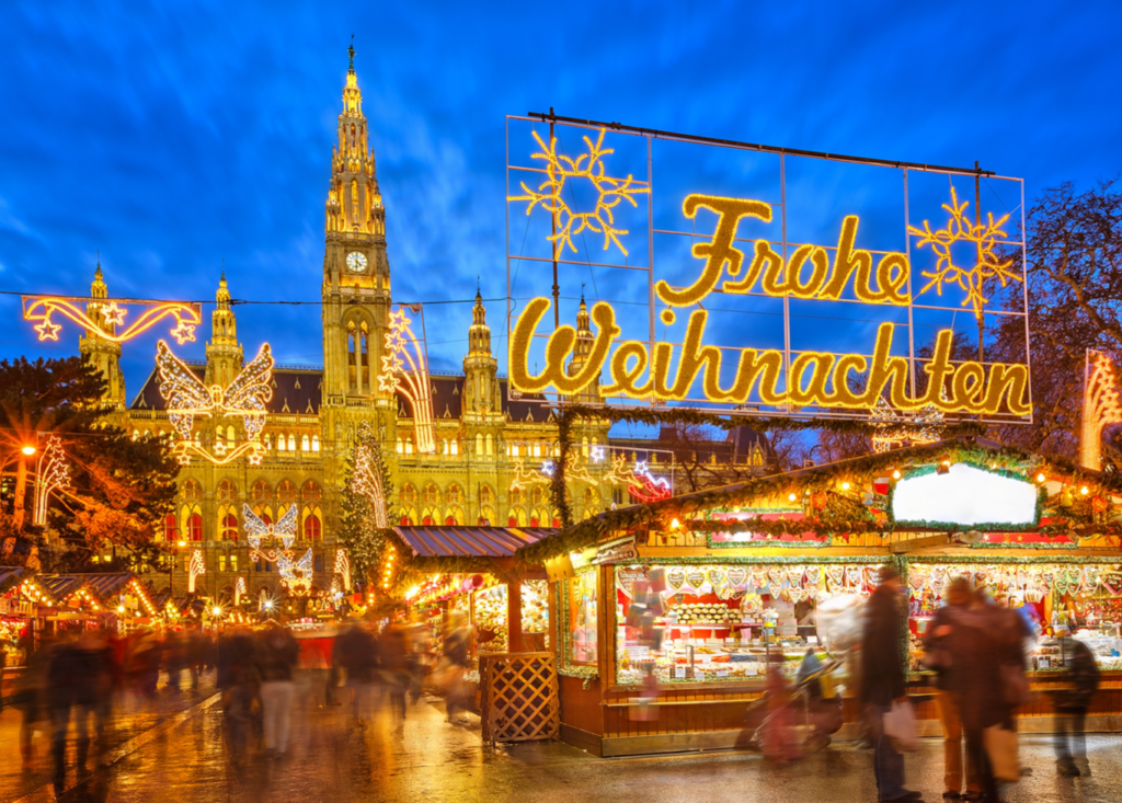 German Christmas market lit up with festive lights