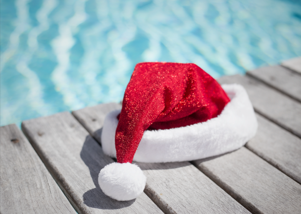 Santa hat on a pool deck