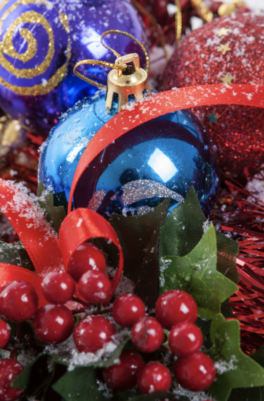 Blue and red holiday ornaments.