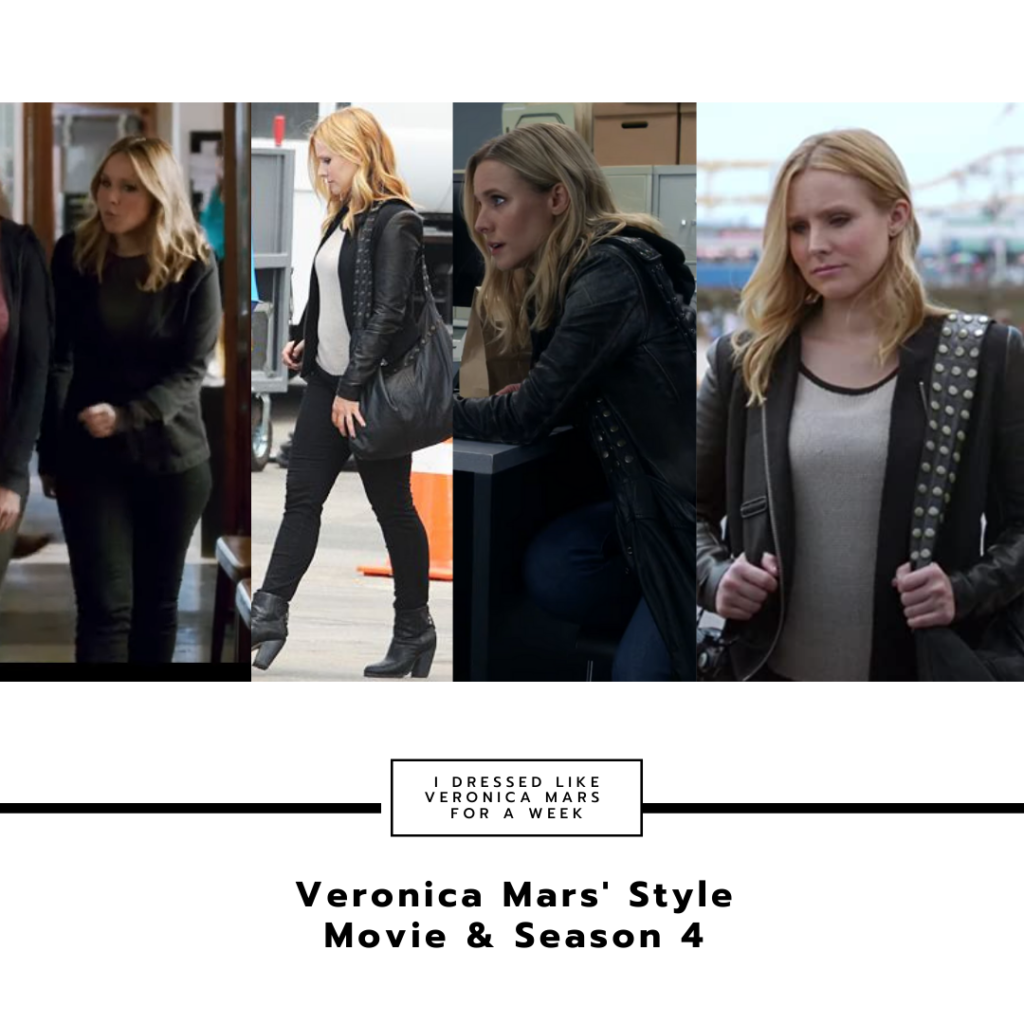 Collage of Veronica Mars outfits in season 4 and the movie