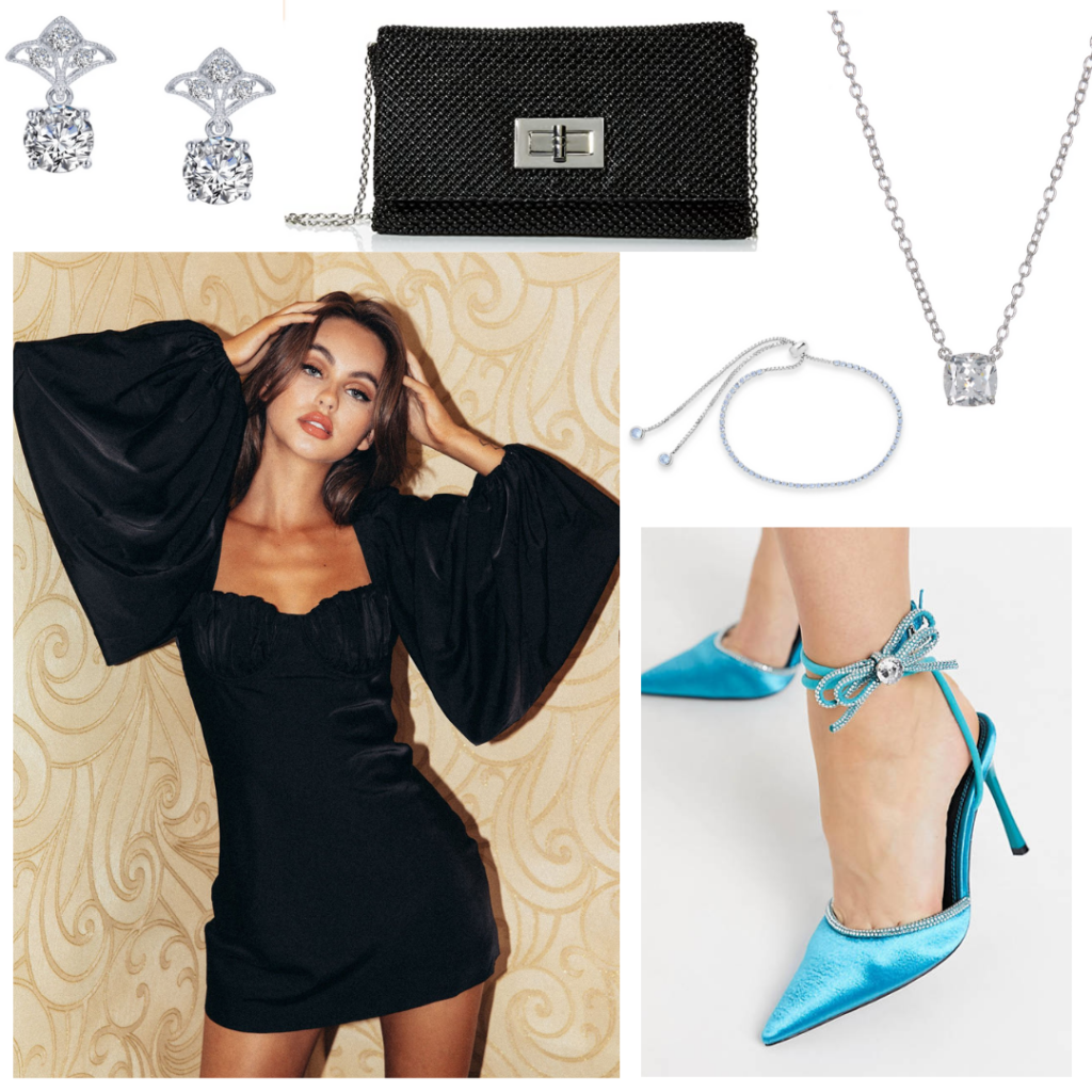 New York City Look 2 - black minidress with balloon sleeves, satin turquoise pointed toe heels with rhinestone detailing, black mini shoulder bag with chain strap, silver necklace, silver earrings, silver beaded bracelet