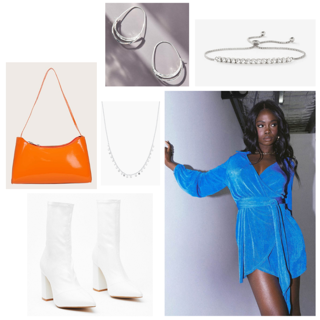 New York City Look 4 - blue velvet wrap dress, orange patent leather bag, white chunky heeled boots, silver necklace, silver hoop earrings, silver bracelet
