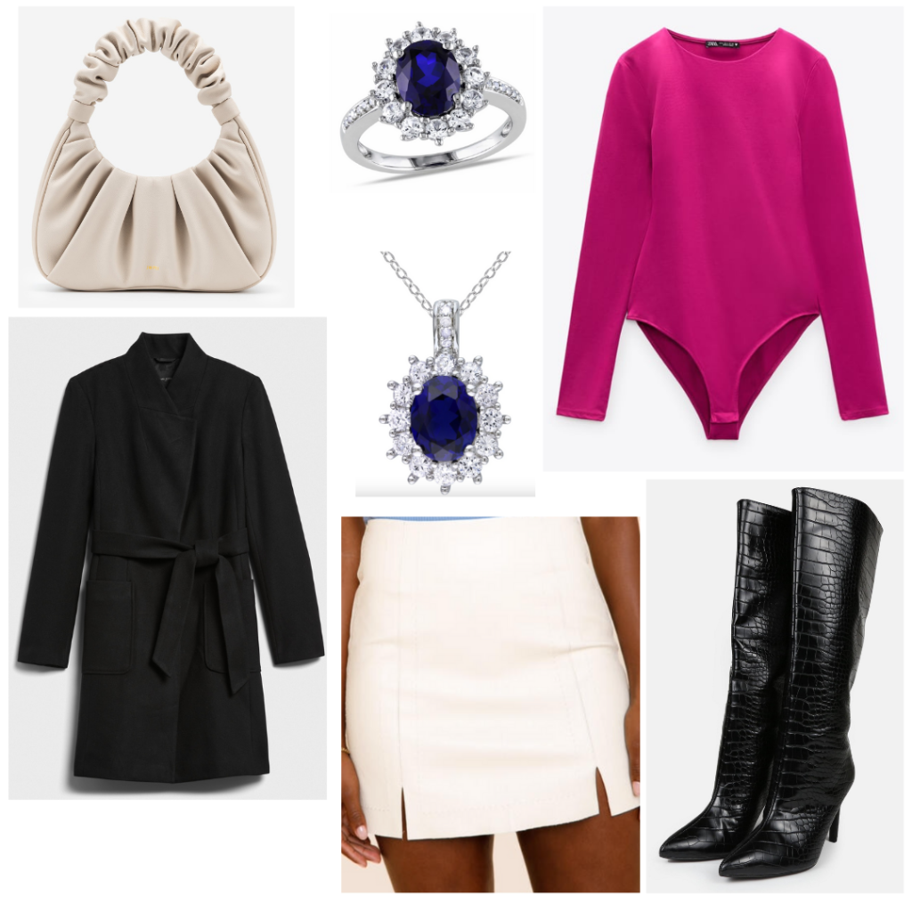 NYC outfits 7 - puink long sleeve bodysuit, white miniskirt, black long jacket, black crocodile heeled boots, ruched white purse, gold and azure jewelry