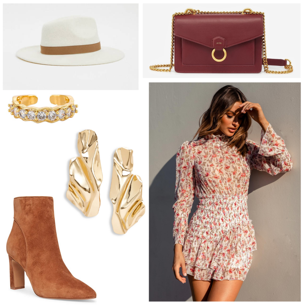 NYC outfits 5 - turtleneck beige peasant floral print mini dress, brown suede heeled booties, structured mulberry shoulder bag with gold chain strap, white felt hat with brown ribbon, gold folded metal earrings, gold ring with rhinestones