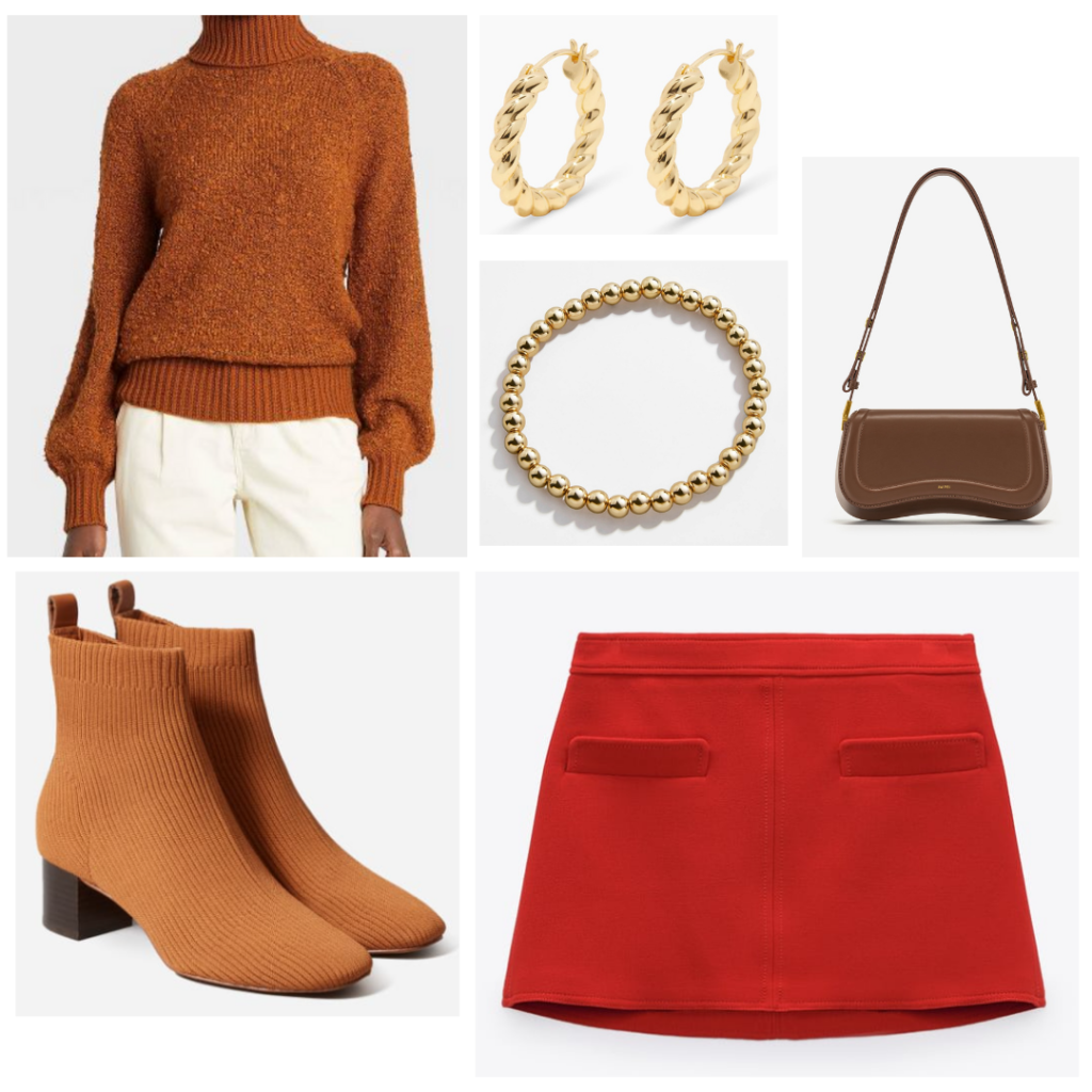 NYC outfit 1 - Rust orange sweater with balloon sleeves and turtleneck, red miniskirt with pockets. rust sweater boots with chunky heels, brown shoulder bag, gold beaded bracelet, gold braided hoop earrings