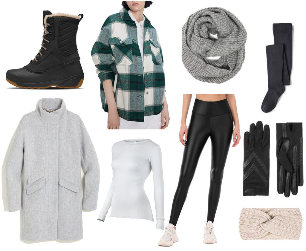 Outfit for freezing cold weather - plaid shacket, wool coat, thermal top, fleece lined leather pants, winter boots, headband, knit scarf, fleece lined tights, leather gloves