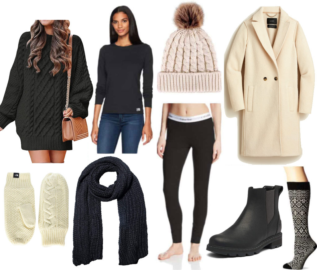 Freezing cold weather outfit: Black sweater dress, long sleeve black tee, black leggings, black winter chelsea boots, pom pom beanie hat, beige wool coat, black knit scarf, fair isle socks, ivory knit mittens